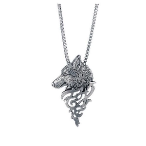 Collier tête de loup vintage en alliage argenté avec motifs tribaux et chaîne de boîte
