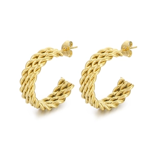 French vintage style C-shaped braided gold stainless steel hoop earrings for women
