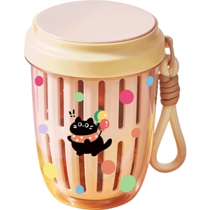 Portable double-layer salad fruit cup with cat illustration and rope handle on white background
