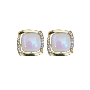 Elegant gold square stud earrings with iridescent gemstone and shimmering rhinestones