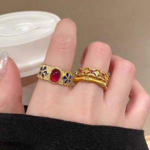 Vintage S925 silver bamboo ring with gold enamel floral patterns and red gemstones