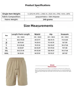 Size chart and fabric specs for men's jacquard striped shorts with polyester details