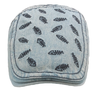 Vintage washed light blue denim flat cap with dark blue fishbone embroidery pattern