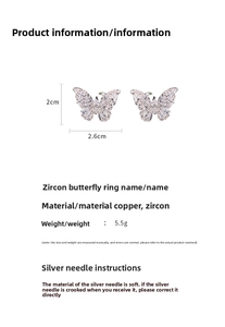 Vue détaillée de la boucle d'oreille papillon argentée avec zircone et dimensions