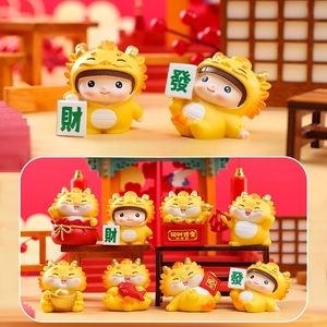 Detail of 8 dragon resin figurines with Chinese fortune elements and blind box set details