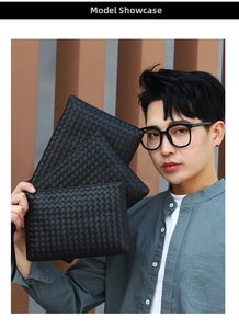 Three-piece set of black woven leather clutch bags for men in large, medium, and small sizes