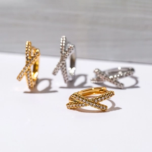French vintage X-shaped criss-cross gold and silver huggie earrings with pave diamonds