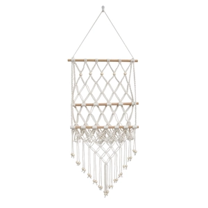 Bohemian 3-tier woven cotton rope wall hanging shelf with fringe and wood beads
