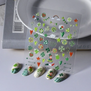 5D St. Patrick's Day embossed nail stickers with green clovers and shamrock patterns