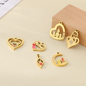 Golden stainless steel heart and moon pendants with Mama theme and colorful enamel