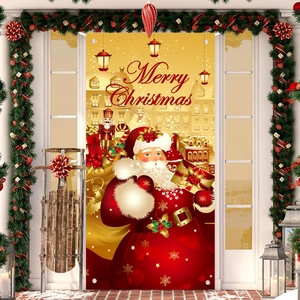 Golden Merry Christmas garden flag featuring Santa Claus and Nutcracker door decoration