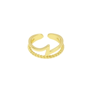 Detail of 18k gold plated double-layer ring with lightning bolt and twisted rope design