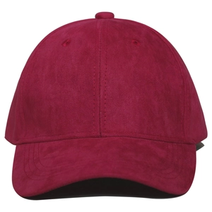 Front view of a red suede baseball cap featuring detailed stitching on the curved brim