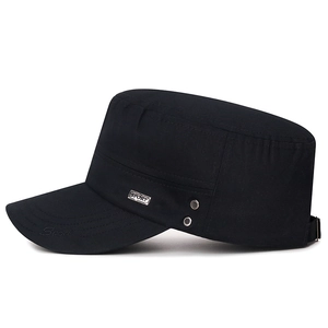 Men's black cotton cadet cap featuring sport embroidery and a metal side logo plate