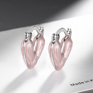 Pink heart enamel 925 silver clip-on earrings with elegant U-shape minimalist design
