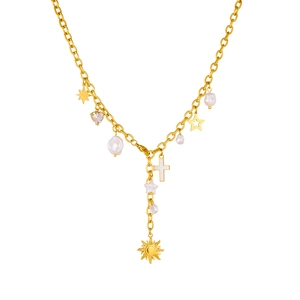 Collana a Y dorata con pendenti a croce, stella, sole e zircone a forma di cuore