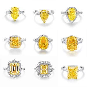 Macro display of nine S925 silver rings with yellow radiant ice flower cut stones