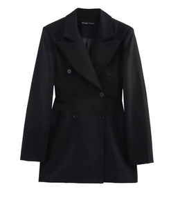 Close-up of black double-breasted satin blazer with classic lapels and six buttons