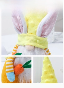 Detailed views of yellow Easter gnome plush with white rabbit ears and felt carrot