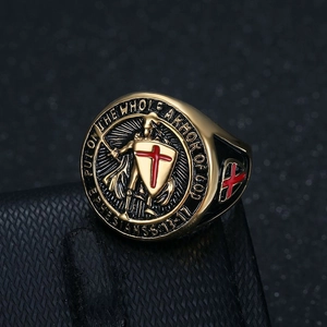 Men's gold-plated Templar cross shield ring with engraved Bible verse armor of God