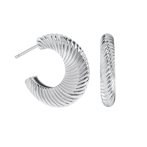 Polished silver textured croissant hoop earrings for women with a vintage spiral design