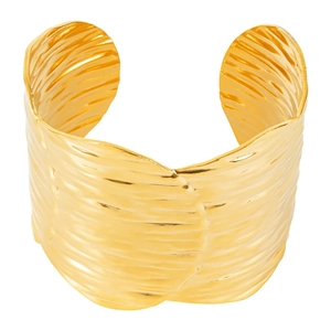 Detail of 18k gold plated stainless steel cuff bracelet with hammered wavy texture