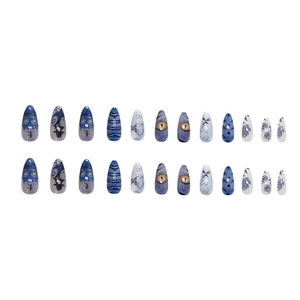 Gothic 3D Halloween press on nails with mystical blue devil eyes and almond shape 24pcs