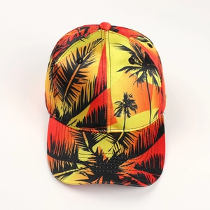 Detail of tropical sunset gradient baseball cap with black palm tree silhouette print