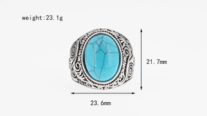 Close-up of vintage stainless steel ring with turquoise inlay showing 23.6mm width details