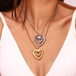 Double-layered hollow heart pendant necklaces in 18K gold and silver for women