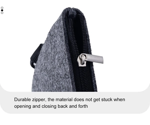 Macro detail of durable silver zipper and smooth texture on dark grey felt eyewear bag