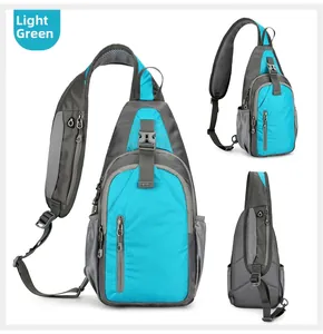 Three-angle view of a light green waterproof nylon sling bag with side mesh pocket