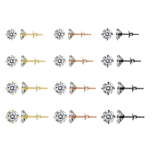 Classic Round Cubic Zirconia Stud Earrings With 925 Sterling Silver Earring Post Four Prong Setting Elegant Daily Jewelry