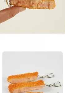 Macro shot of realistic fried chicken cutlet keychain with crispy texture and metal ring