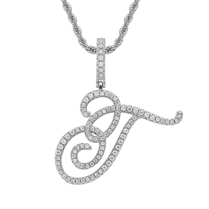 Close-up of hip hop cursive letter T pendant with iced-out zircon and rope chain