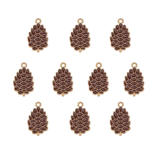 Macro detail of eleven brown pine cone enamel alloy charms for DIY festive jewelry making