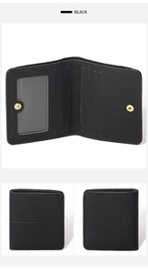 Detail view of black pebble leather wallet with RFID blocking, ID window and card slots