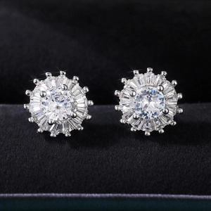 Macro shot of silver plated sunflower stud earrings with cluster set cubic zirconia stones