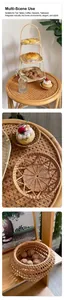 Three-tier handmade rattan snack stand and woven storage baskets for rustic home decor