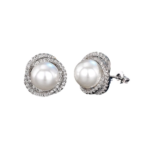 Elegant pearl earrings with micro-set zircon flower wrap in a silver-toned metal finish