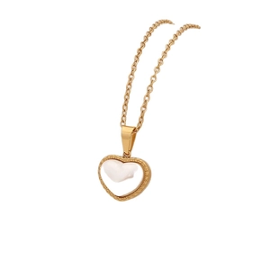 Golden heart pendant necklace with white pearl inlay on a dainty cable chain