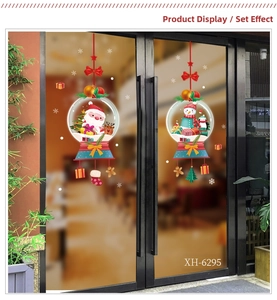 Symmetric Christmas window decals featuring Santa, reindeer, and snowman on glass doors