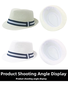 Detailed views of woven straw fedora hats with blue and white striped ribbon band