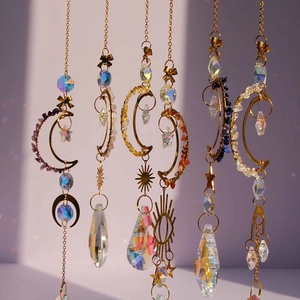 Golden suncatcher with crystal prisms and moon star charms for garden balcony decor