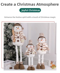 Three-piece snowman set with telescopic legs featuring brown knit hats and plaid scarves