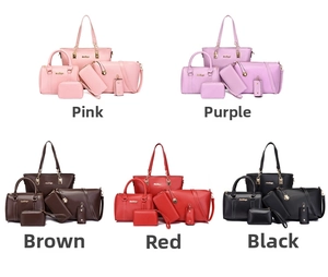 Detailed six-piece set of solid color PU leather handbags in five stylish color options