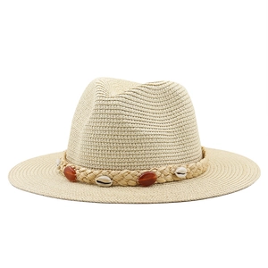 Beige woven wide brim sun hat with bohemian shell and amber bead band for beach