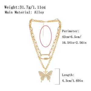 Double-layered golden alloy butterfly pendant necklace with elegant geometric chain design