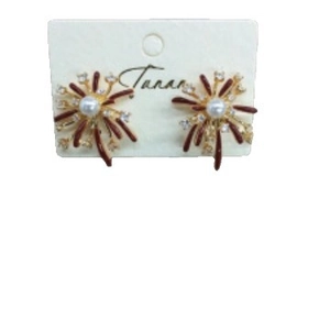 Elegant gold fireworks pearl stud earrings with red enamel and zircon accents for women