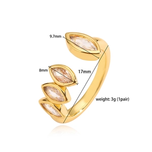 Detailed view of leaf-shaped ring dimensions with gold finish and zircon stones